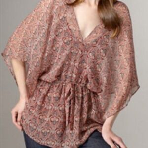 Ella Moss XS Paisley Print Sheer Kimono Kaftan Blouse Tie‎ Waist Boho 100% Silk